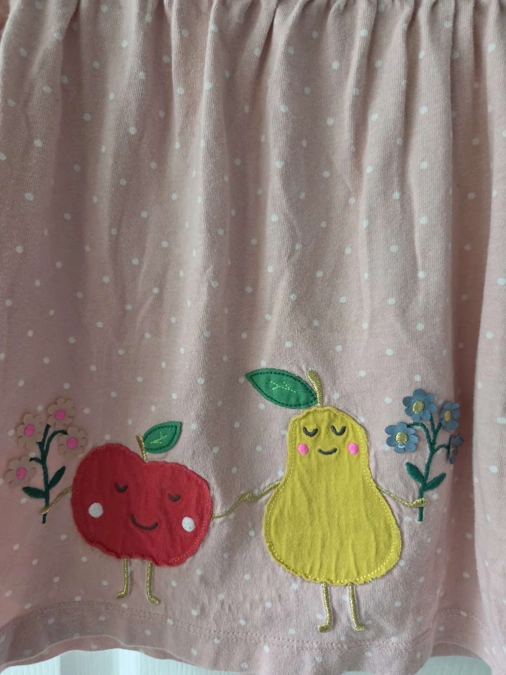 Baby Boden Girls Pink Dot Apple & Pear Applique Long-Sleeve Dress